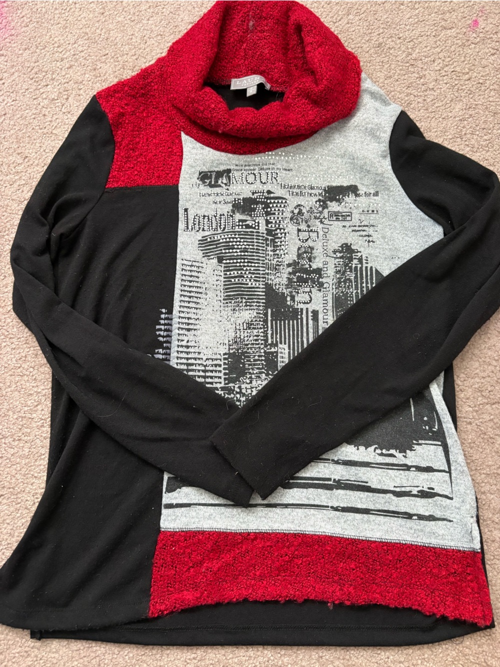 Cowl Neck Colorblock Sweater - Red, Black & Gray